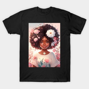 Cute floral anime black girl T-Shirt